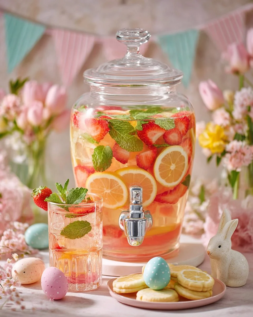 Pink Easter Strawberry Mocktail Sangria in a glass with strawberries and mint garnish