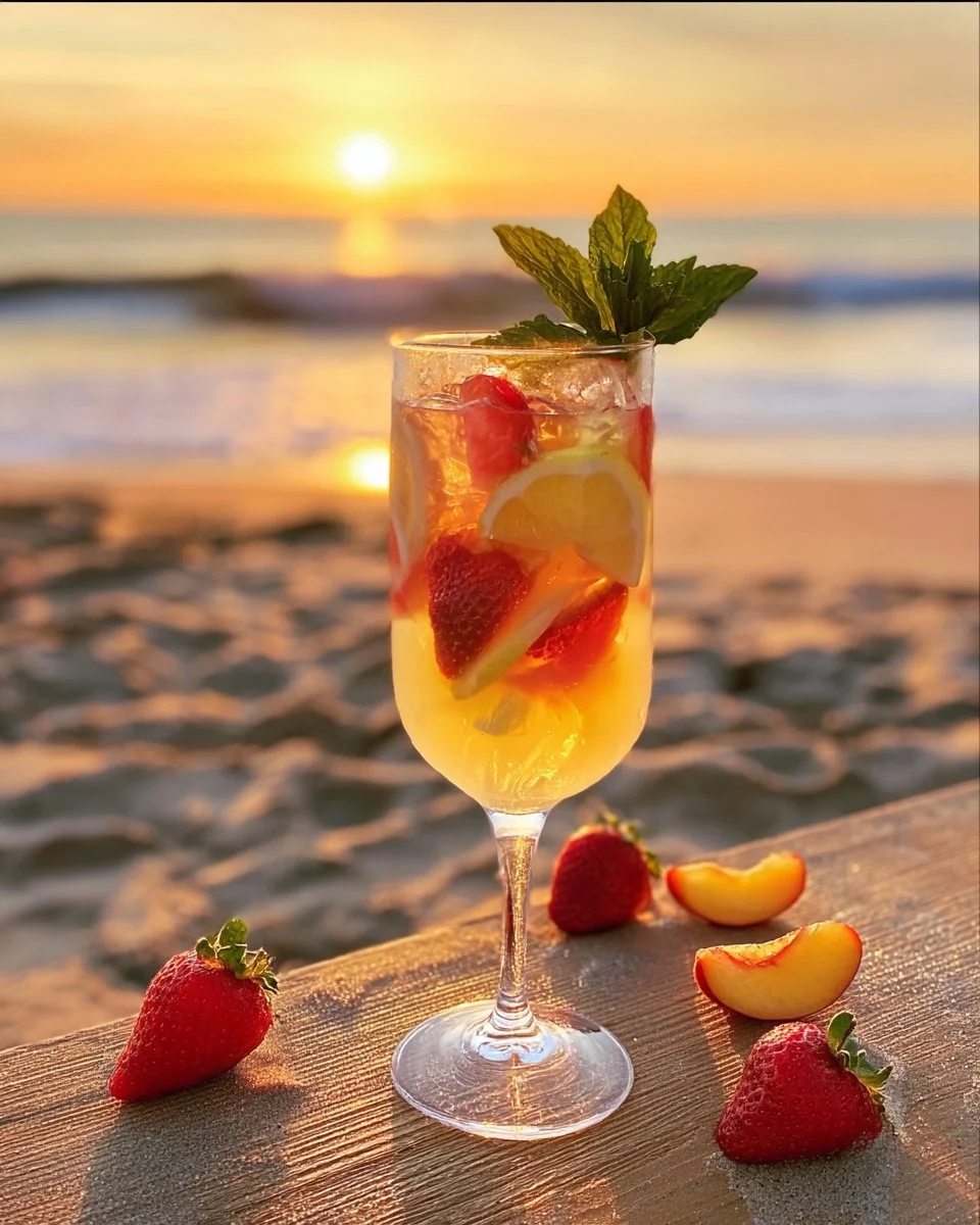 Raspberry Peach Mocktail Sangria in a glass with fresh fruit garnishes