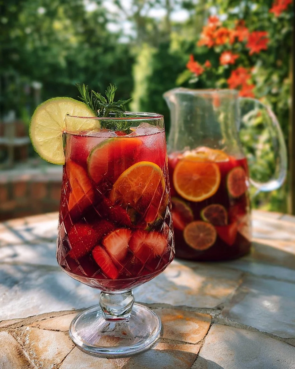 Pitcher of refreshing non-alcoholic sangria filled with fruits and herbs.