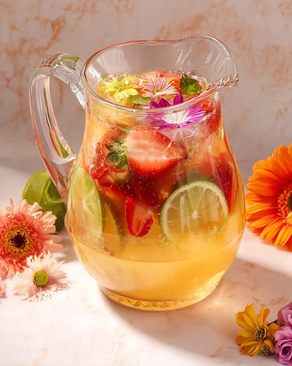 Refreshing Spring Sangria Mocktail in a glass with fruits and herbs
