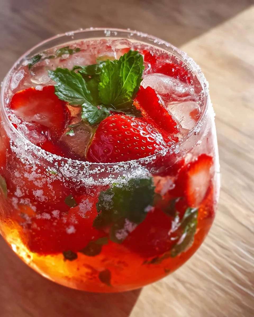 Refreshing strawberry mojito cocktail with fresh strawberries and mint