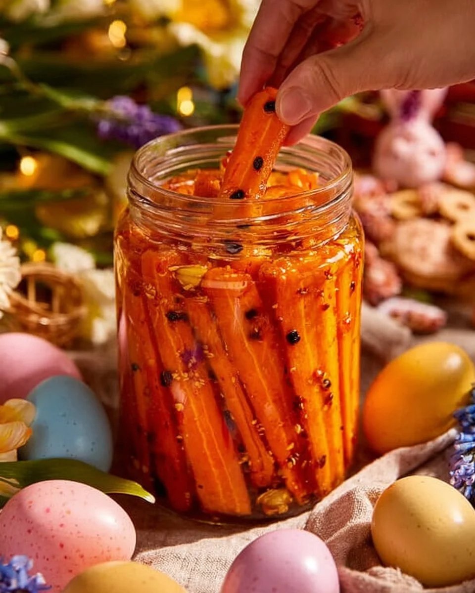 Sweet and spicy hot honey pickled carrots in a jar