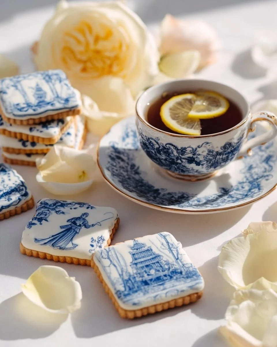 Toile Print Lemon Lavender Shortbread Cookies on a decorative plate