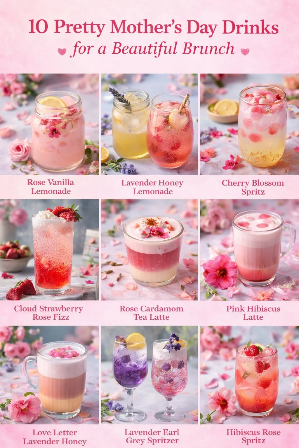 A selection of colorful Mother’s Day drinks for a festive brunch.