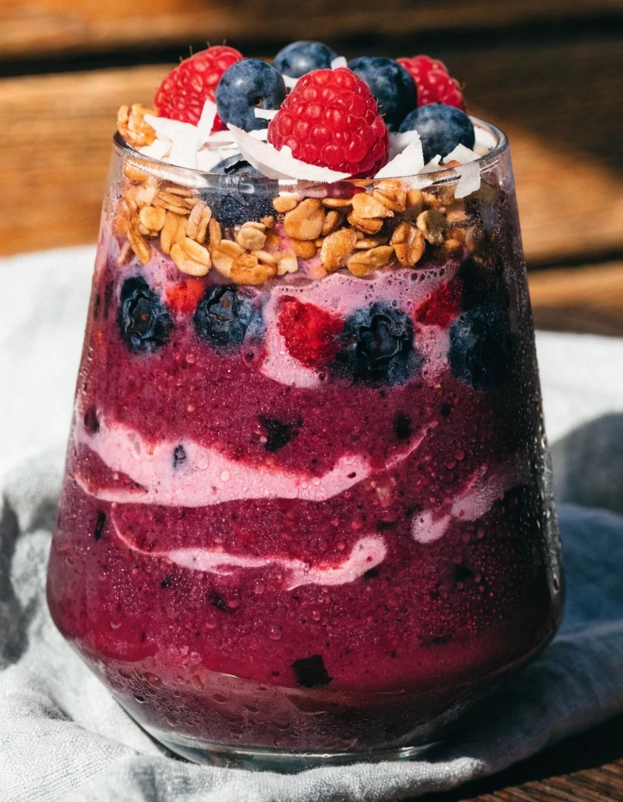 Berry Antioxidant Smoothie Bowl topped with fresh berries and nuts