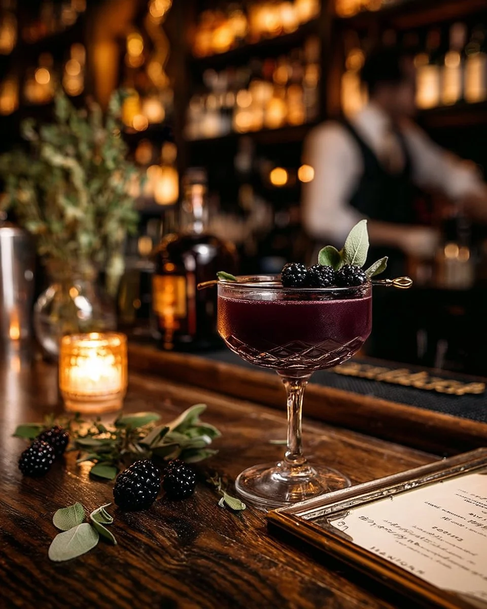 Blackberry Sage Sidecar cocktail, a refreshing bourbon-free drink made with sage and blackberries.