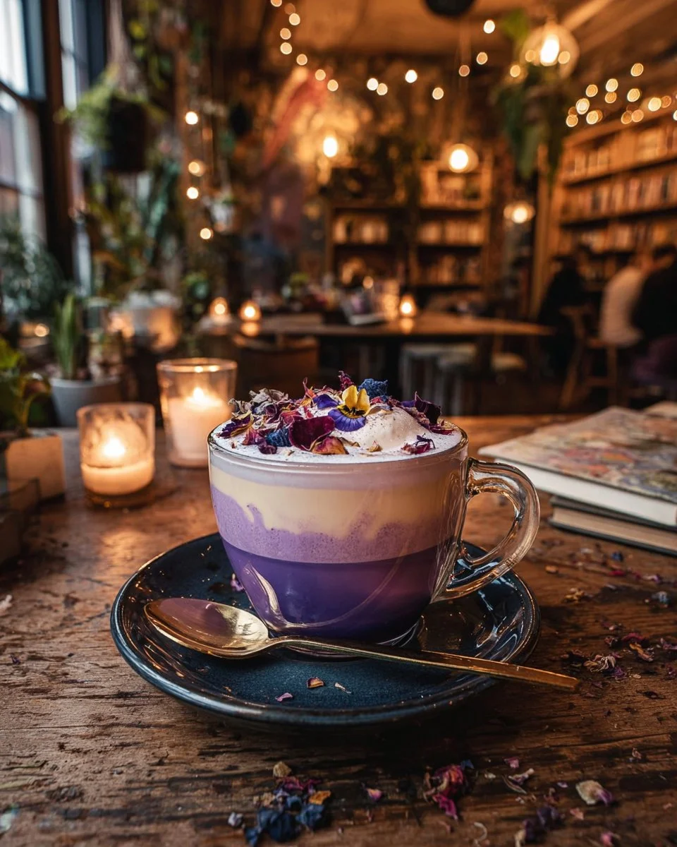 A vibrant Blueberry Butterfly Pea Latte Fusion topped with blueberries and butterfly pea flowers.