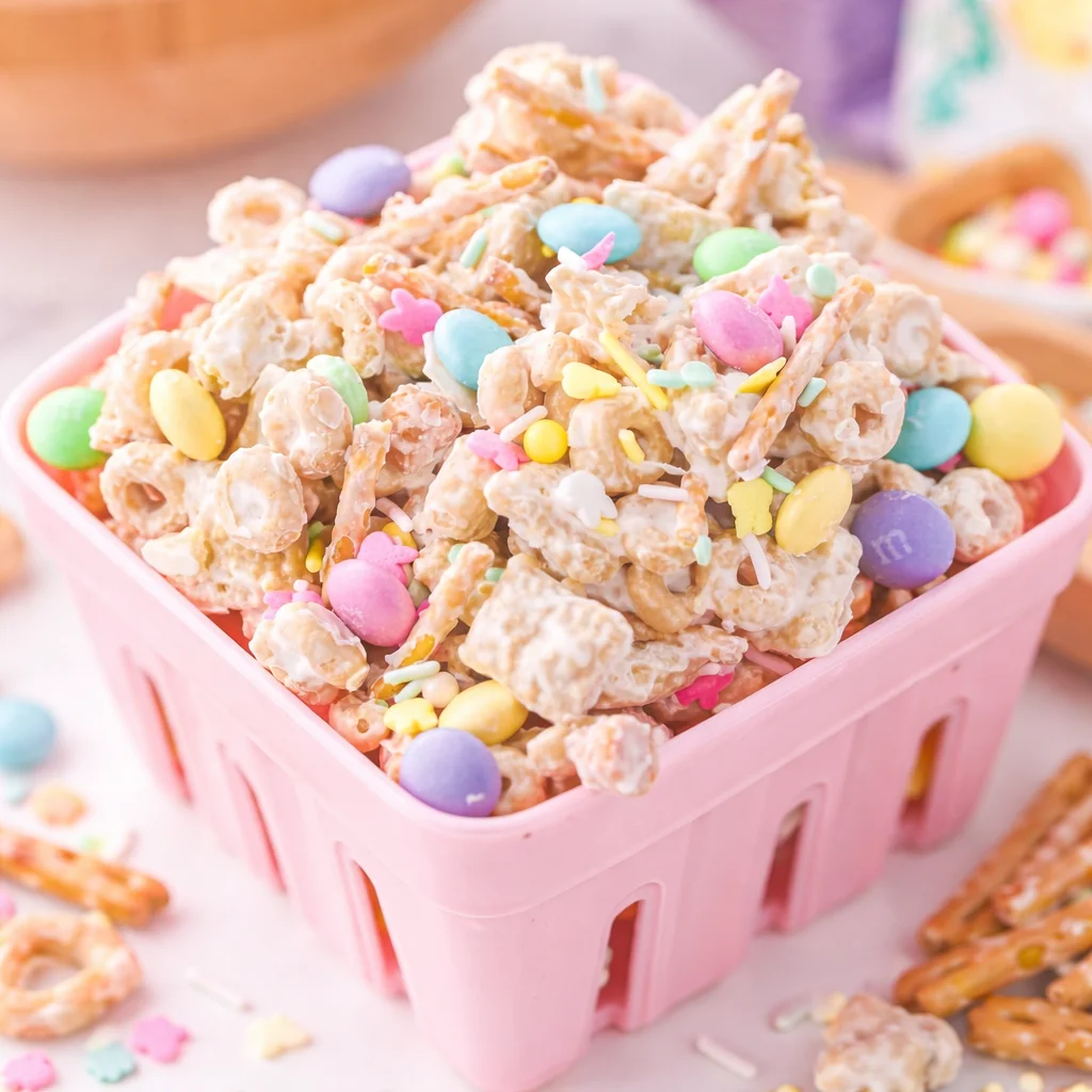Colorful Bunny Chex Mix with pretzels, candy, and white chocolate drizzle for Easter.