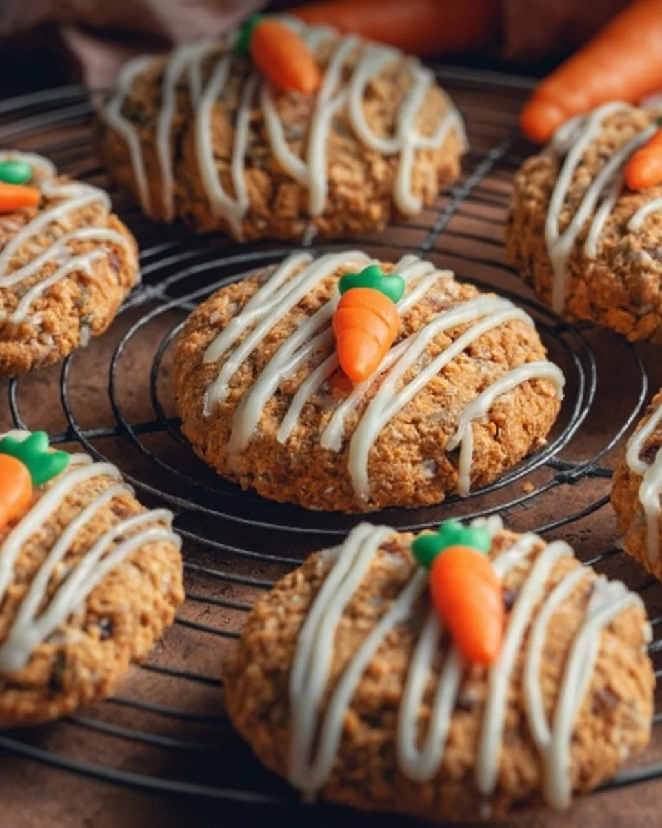 Delicious carrot cake cookies topped with cream cheese frosting.