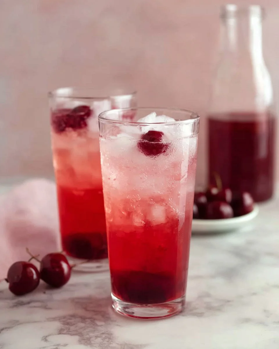 Bottle of homemade cherry syrup with fresh cherries and pouring syrup