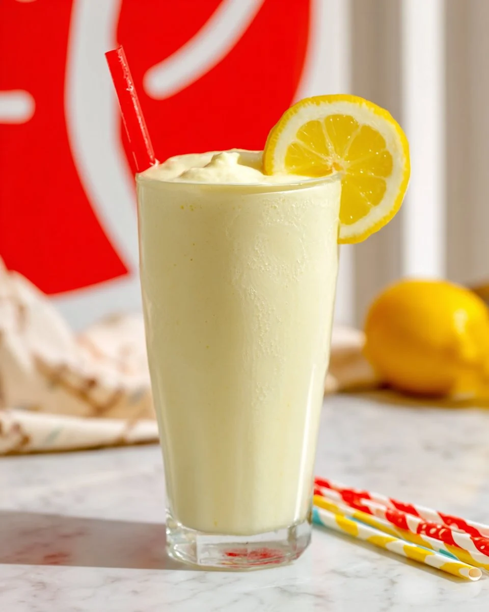 Chick Fil A Frosted Lemonade in a glass with lemon slices