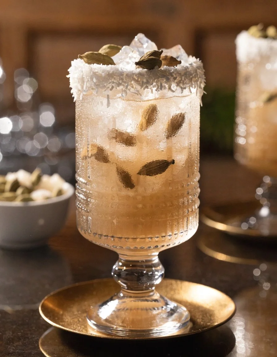 Coconut Cardamom Cooling Drink served in a glass with ice and garnished with mint