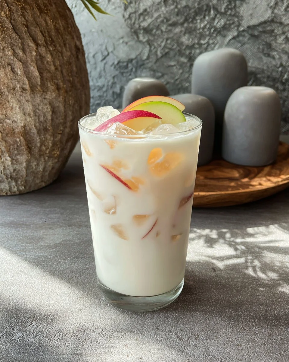 Creamy peaches and cream mocktail garnished with fresh peach slices