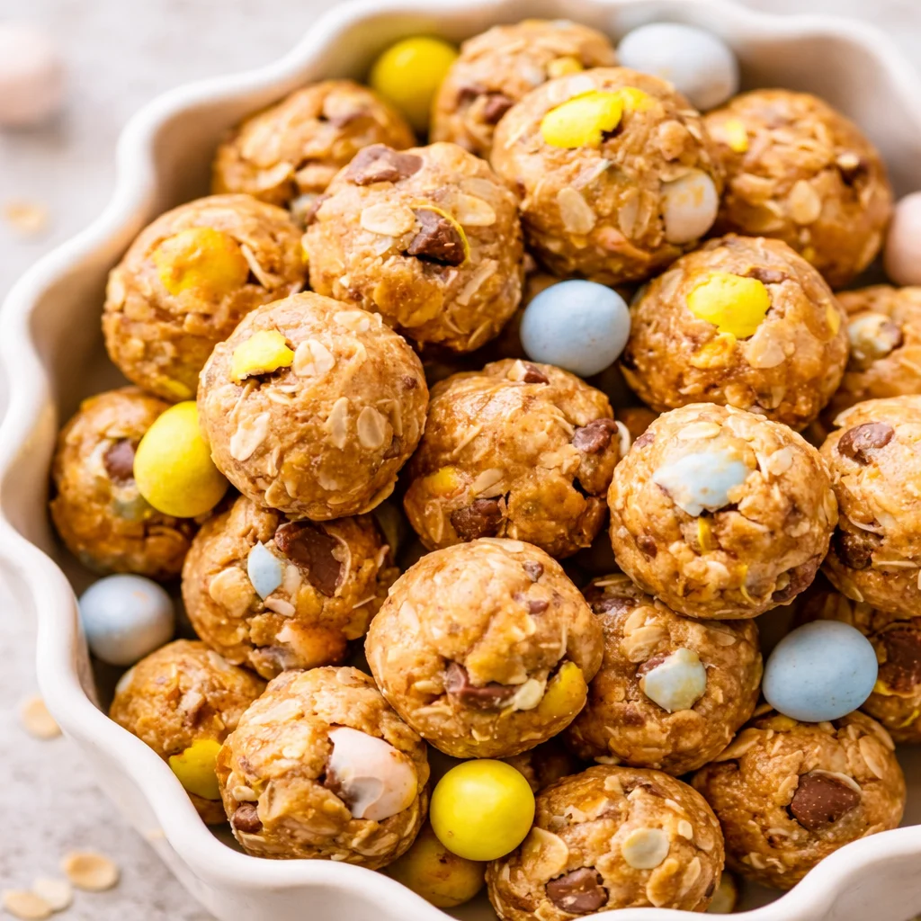 No-bake Cadbury Egg protein balls made with oats and Mini Eggs for a healthy snack.