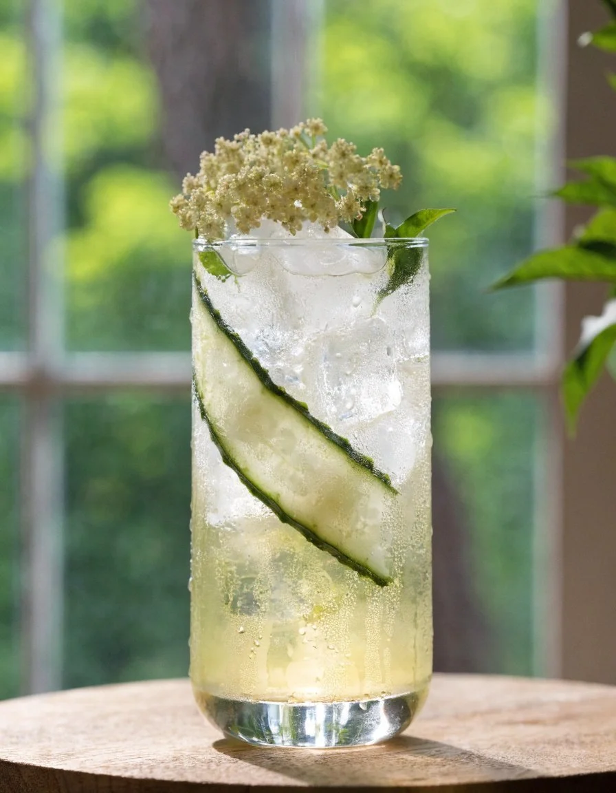 Elderflower Cucumber Refresher drink in a glass with cucumber slices