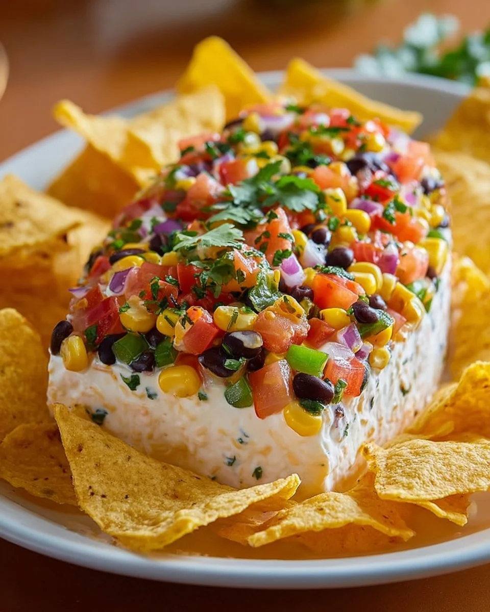 Fiesta Cowboy Caviar Cheese Log appetizer featuring vibrant ingredients and cheese.