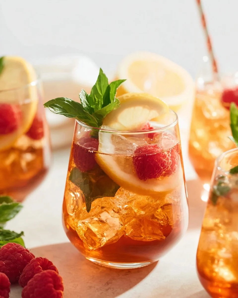 A glass of fresh homemade sweet tea served with lemon slices.