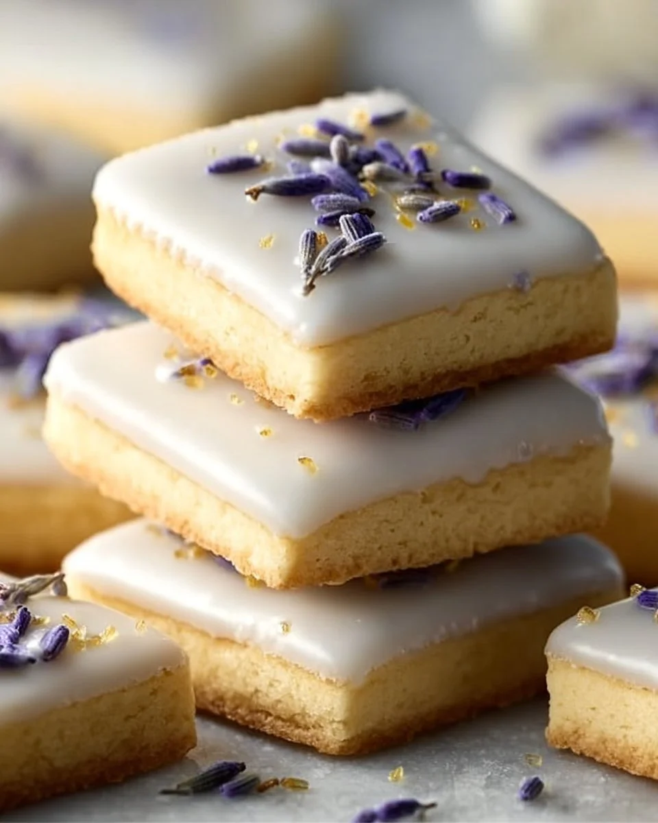 Iced lemon lavender shortbread cookies on a decorative plate.
