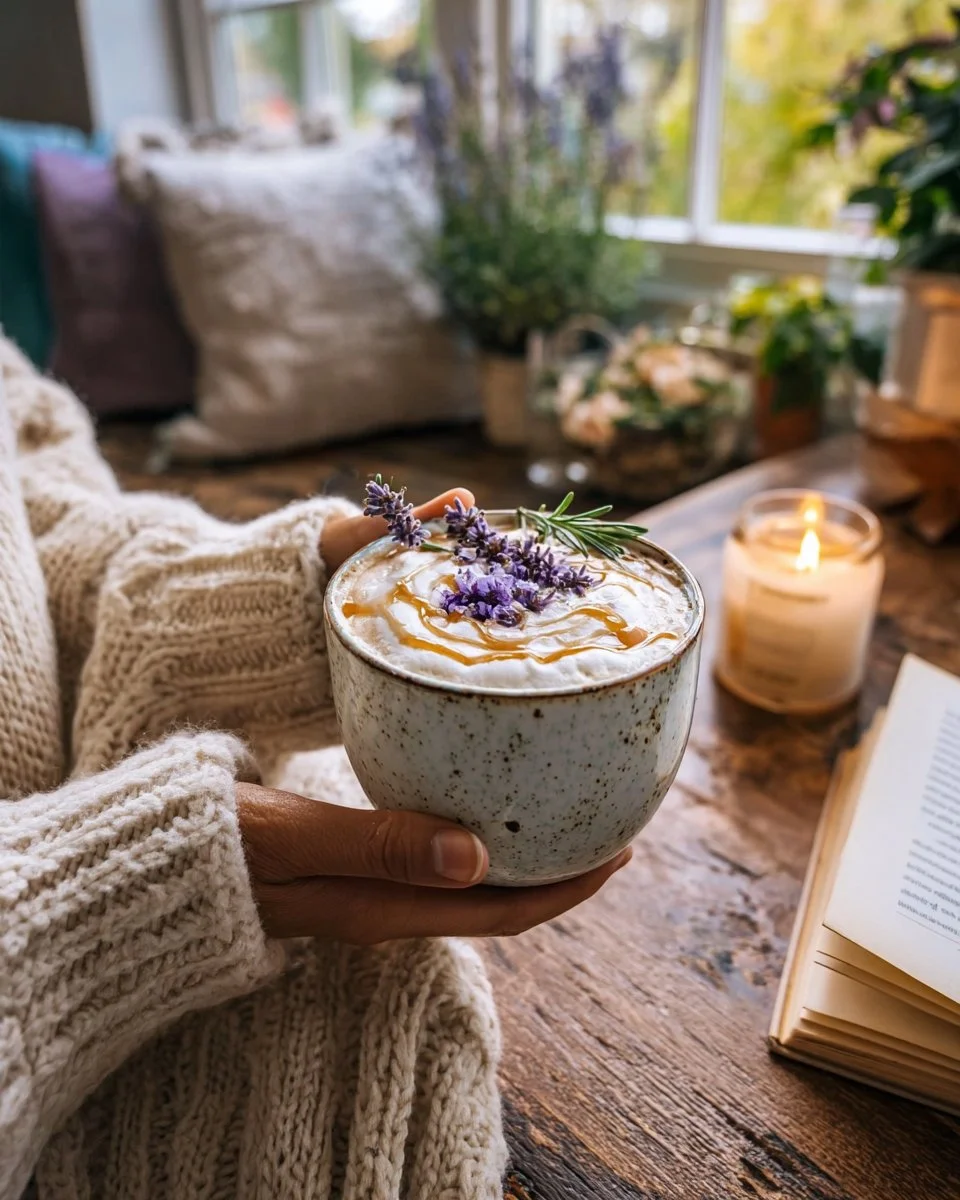 Lavender Honey Oat Latte in a beautiful cup with frothy oat milk and lavender flowers