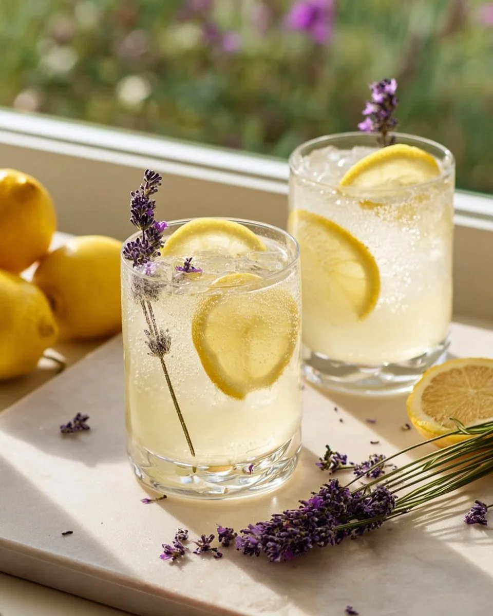 Refreshing lavender lemonade spritzer in a glass with lemon slices and lavender flowers