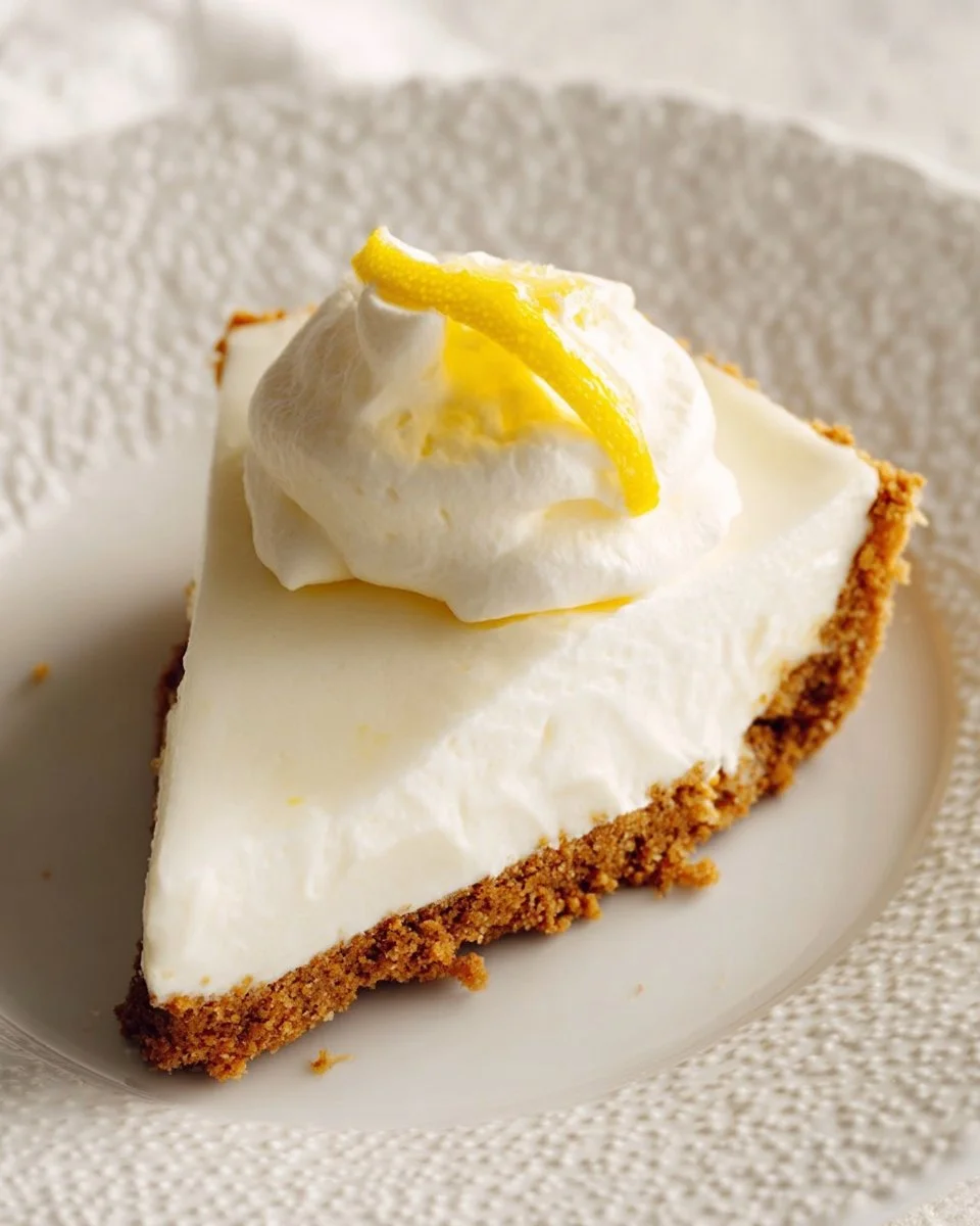 Slice of lemon cream cheese pie on a plate with fresh lemon slices