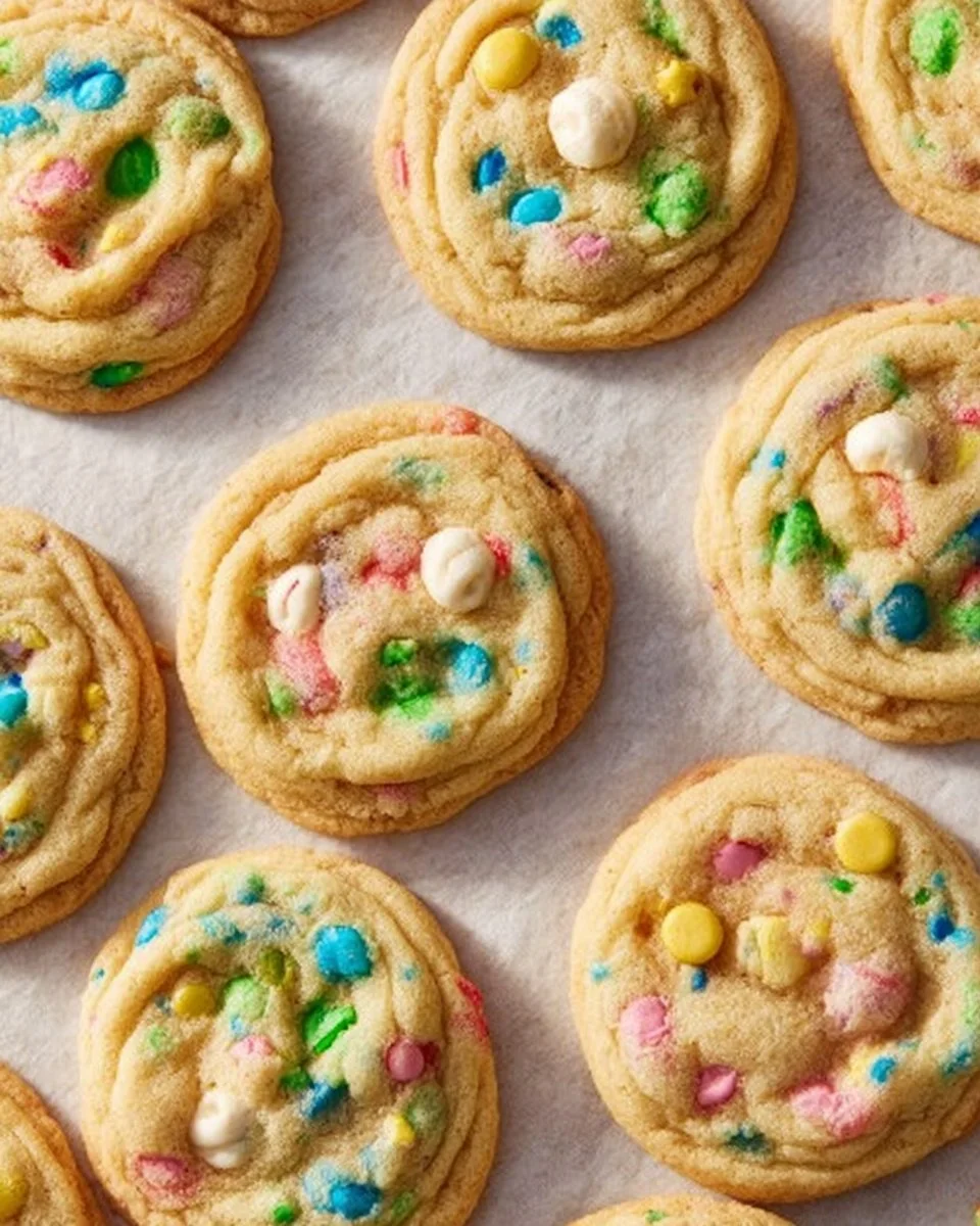 Freshly baked Lucky Charms Cookies with colorful marshmallows and sprinkles
