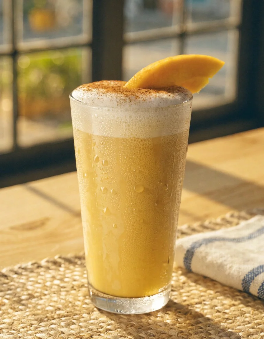 Mango Turmeric Golden Milk Latte in a glass with vibrant colors and spices