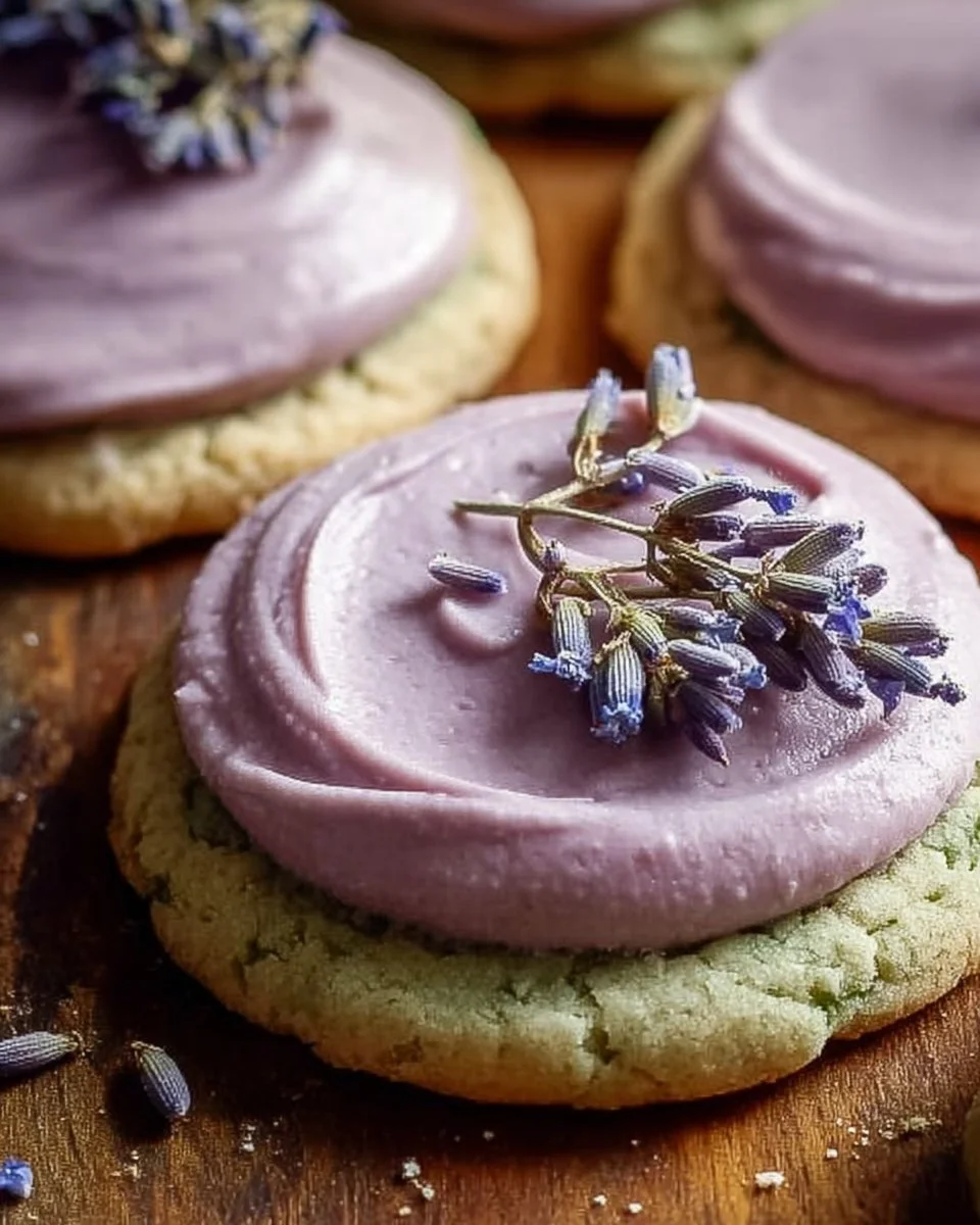 Matcha sugar cookies with lavender frosting on a white plate