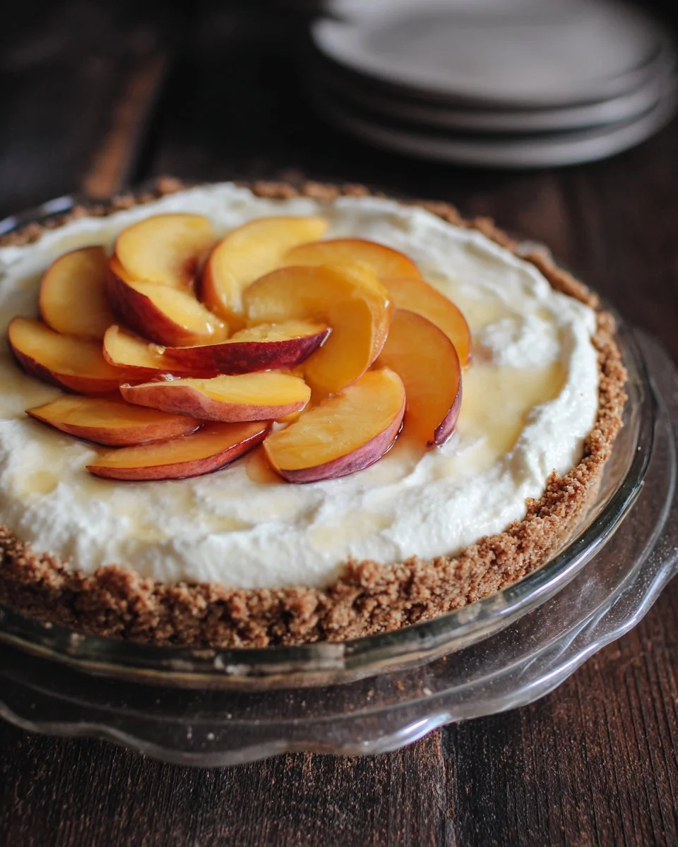 No bake peaches and cream pie topped with fresh peaches and whipped cream