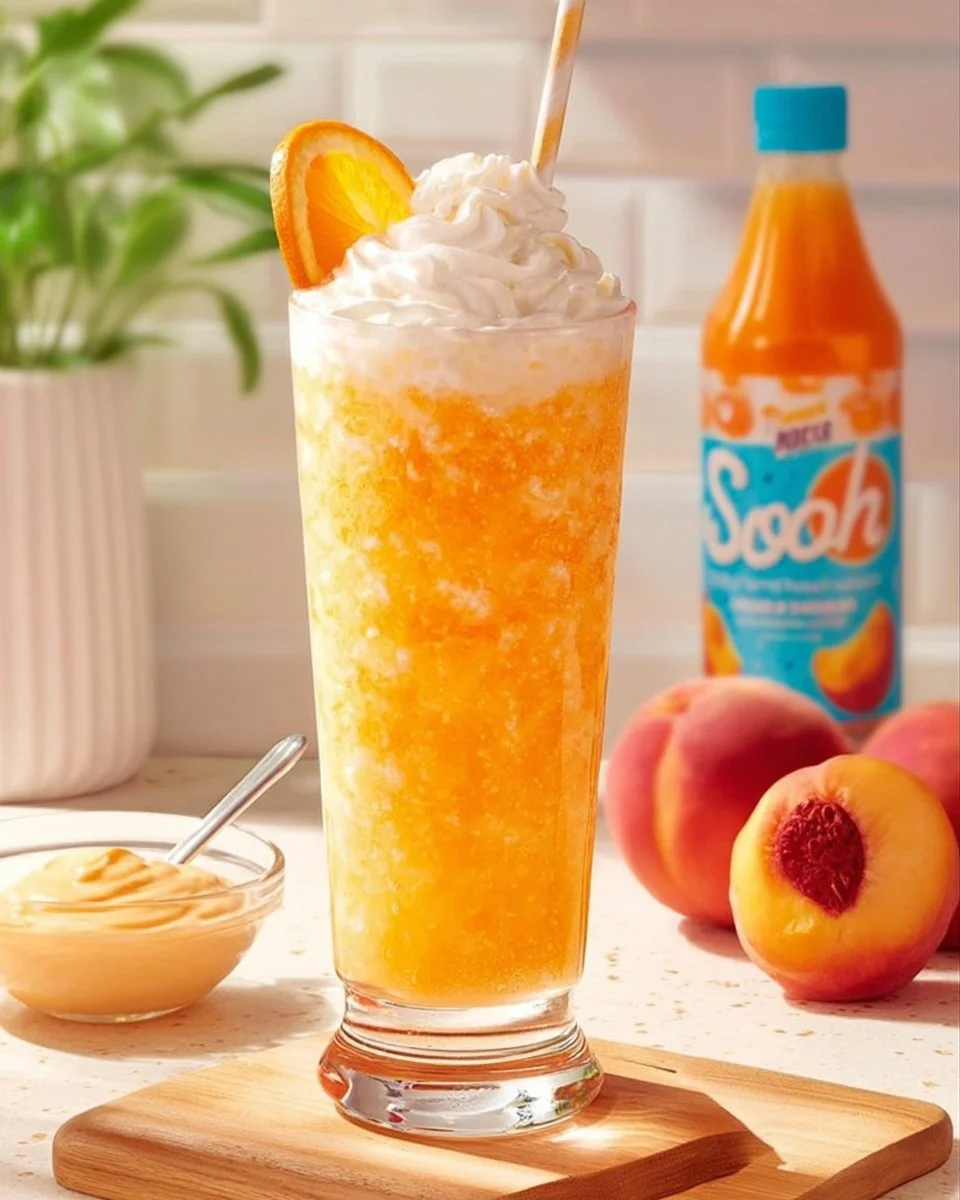 A refreshing glass of Peach Cream Soda garnished with peach slices and mint leaves.