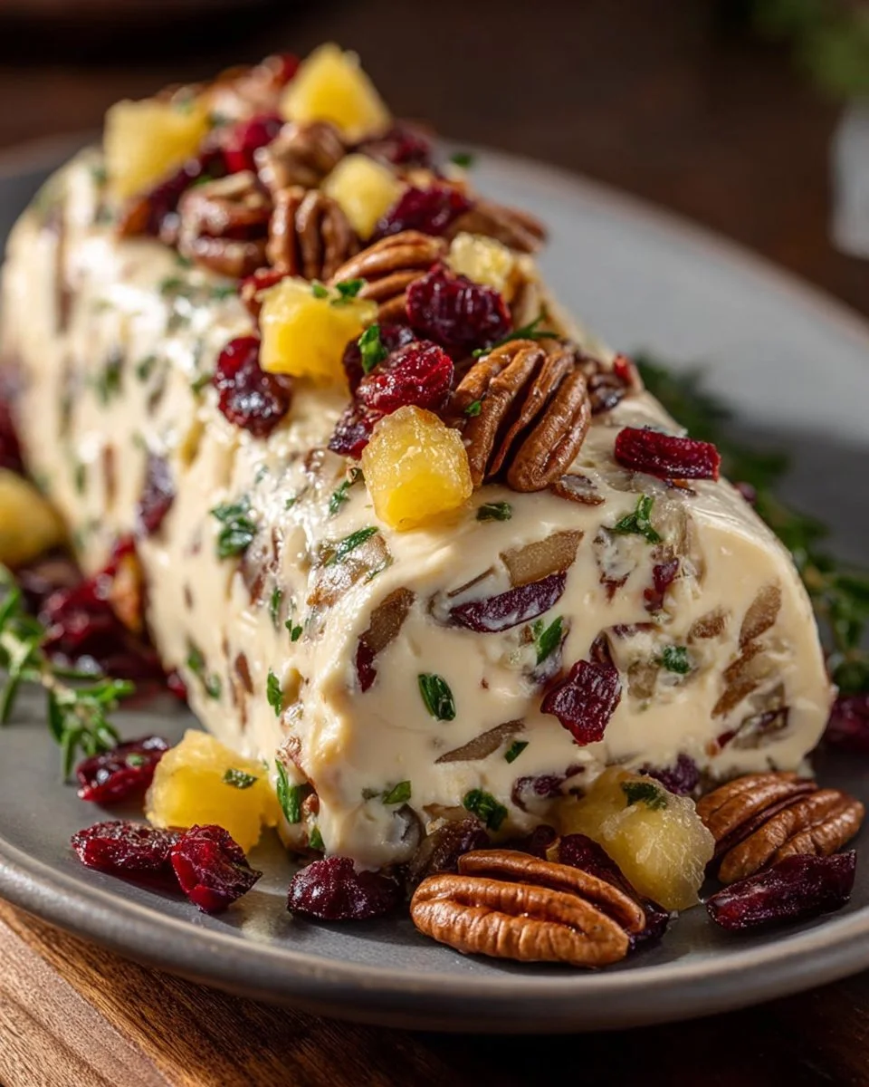 Pineapple cranberry holiday cheese log served on a festive platter