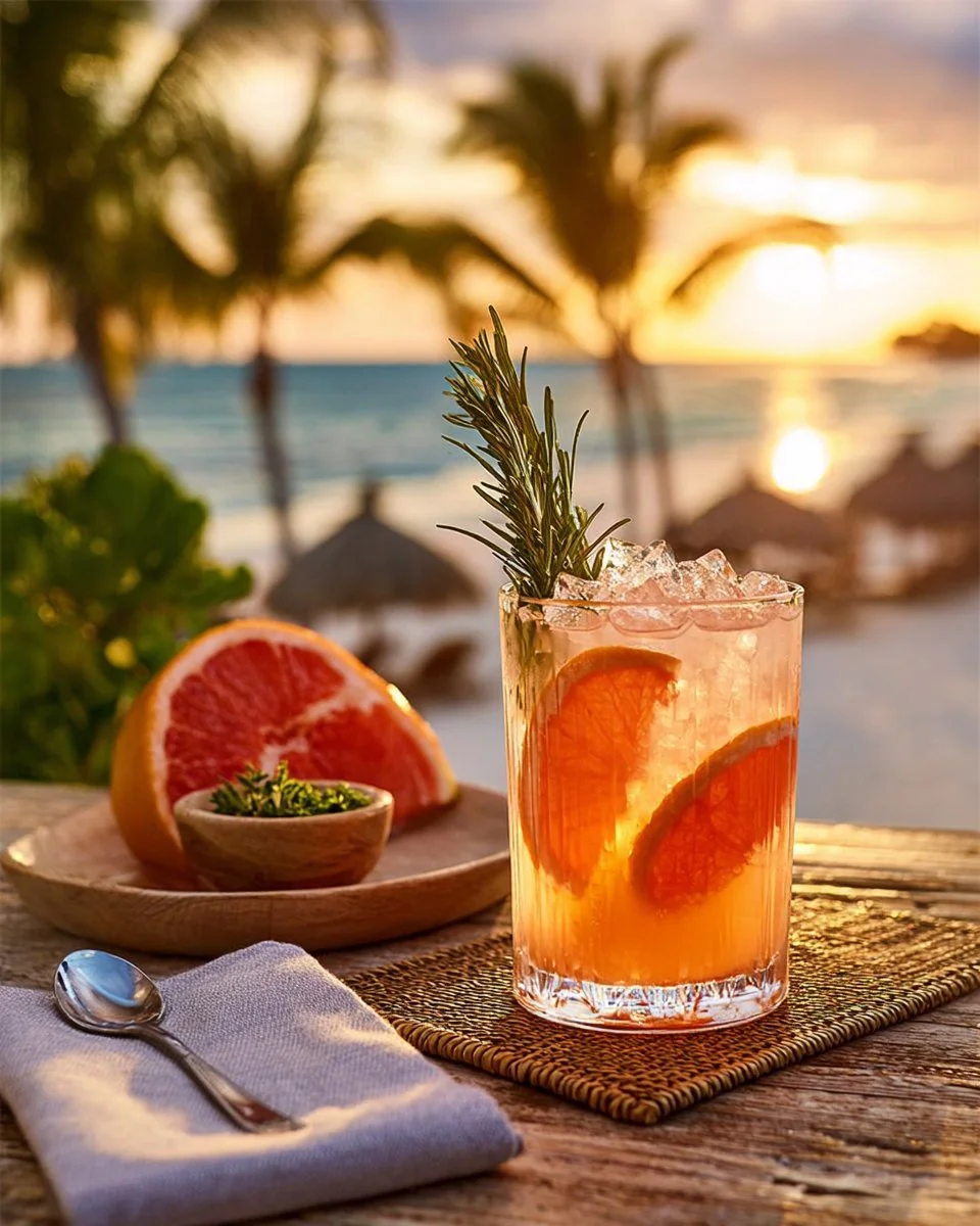 Refreshing pink grapefruit rosemary cooler drink served in a glass.