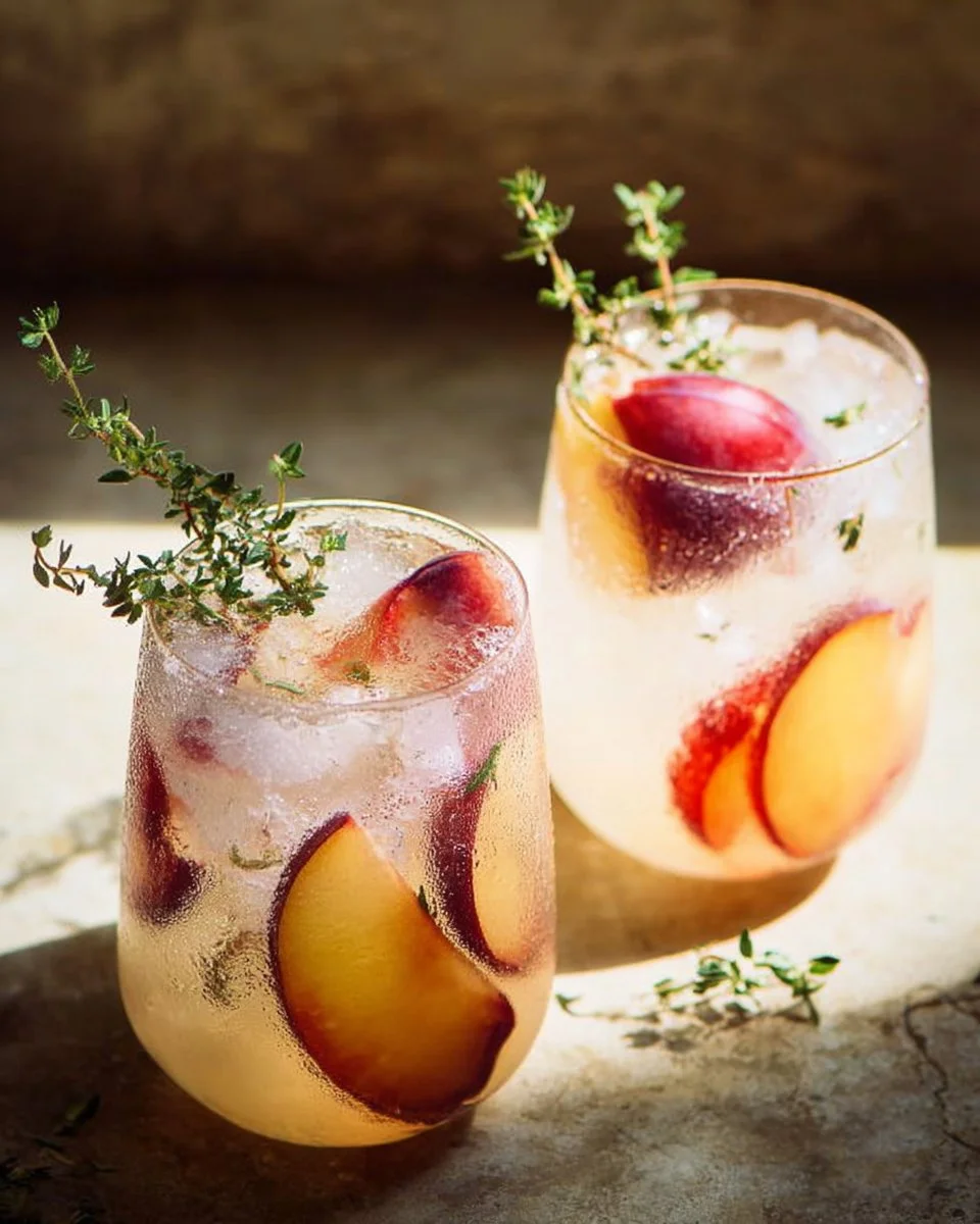 Plum and Thyme Prosecco Smash cocktail garnished with thyme and plums