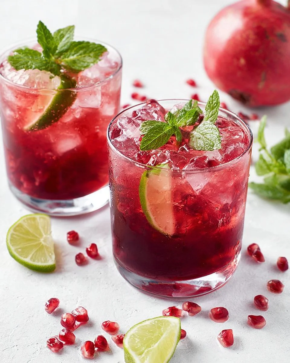 Glass of refreshing Pomegranate Mojitos garnished with mint leaves and pomegranate seeds