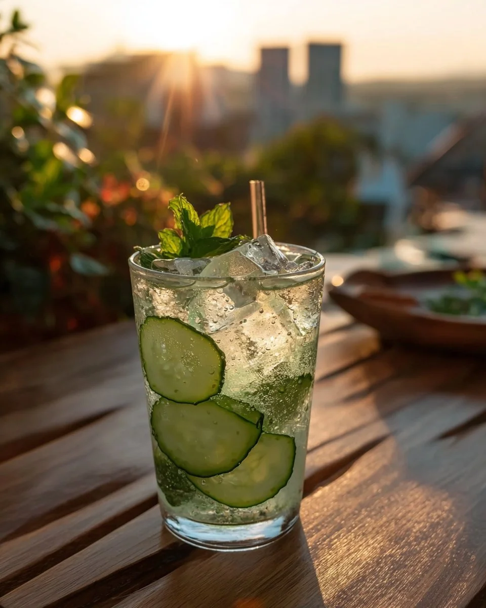Smashed Cucumber-Mint Sprite Soda garnished with cucumber slices and mint leaves.