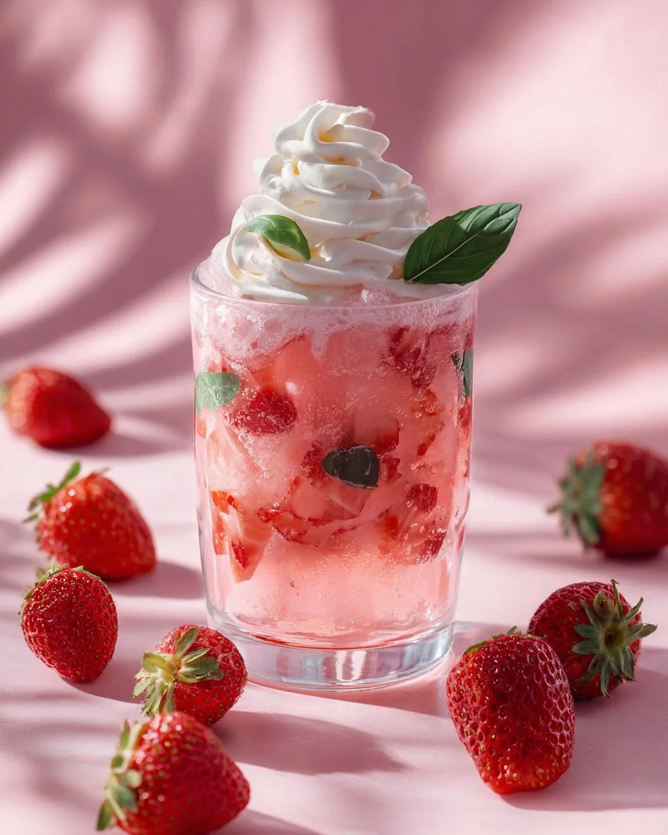 Glass of strawberry basil cream soda garnished with fresh basil leaves.