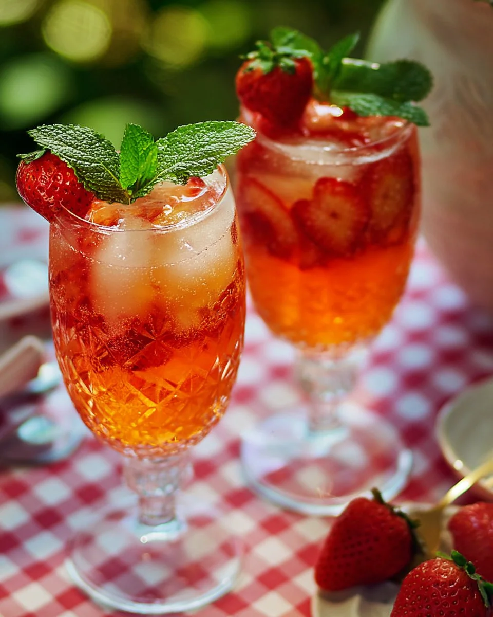 Refreshing glass of strawberry iced tea with fresh strawberries and mint leaves