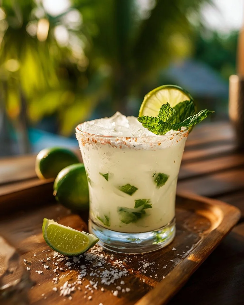 Thai Coconut Lime Cooler drink with coconut and lime garnish