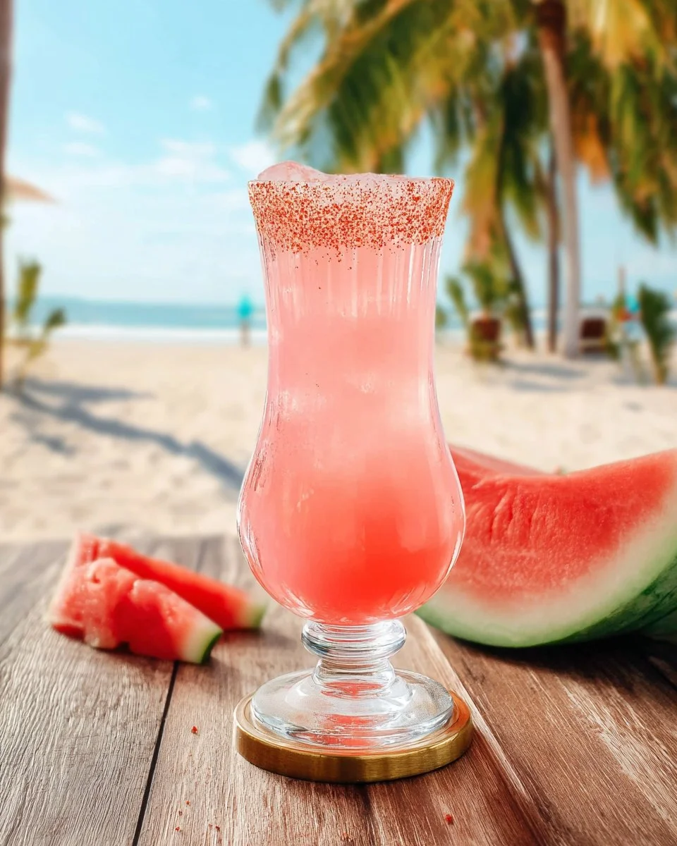 A refreshing Watermelon Paloma mocktail garnished with a slice of watermelon and lime.