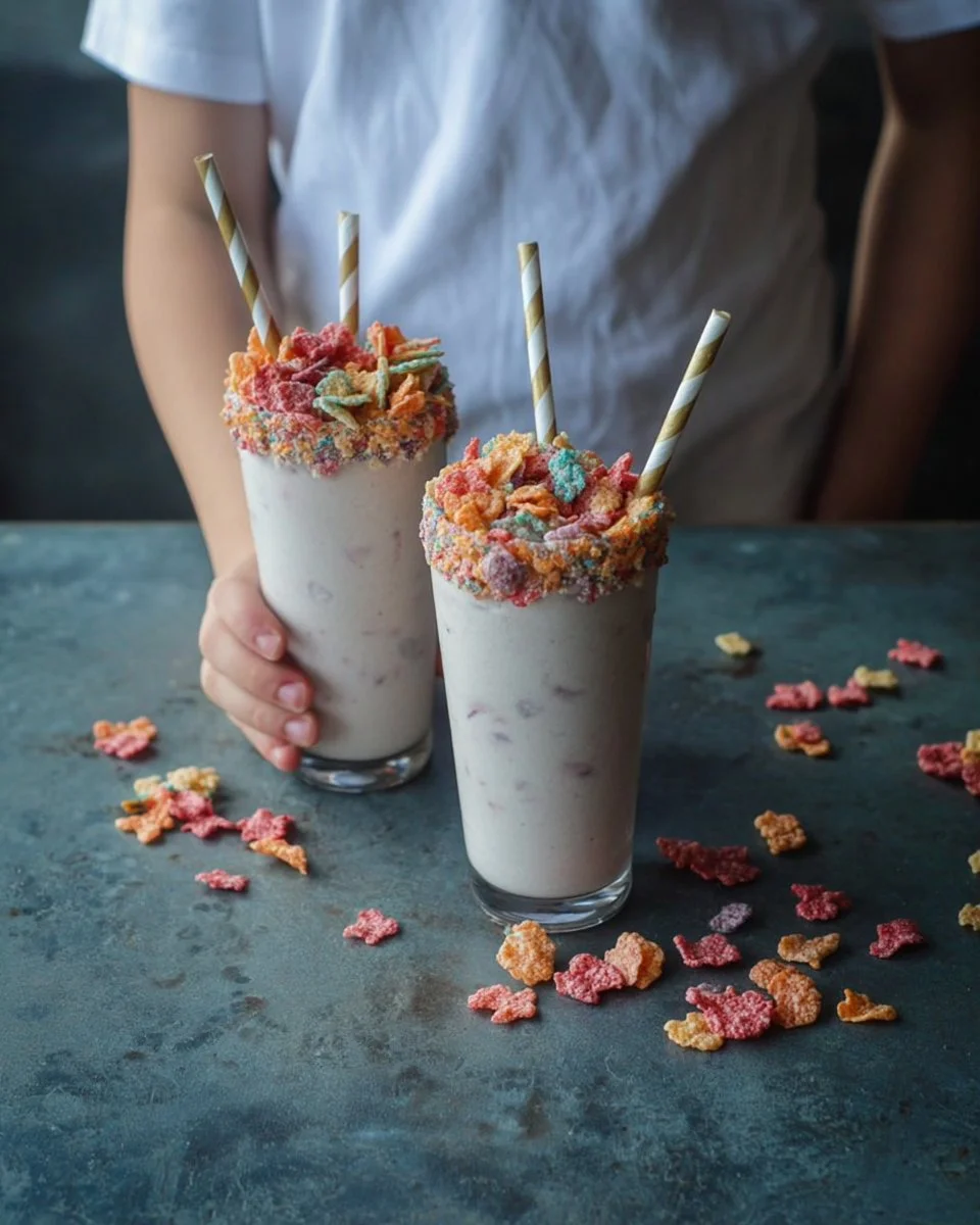 Berry cereal milkshake topped with fresh berries and cereal