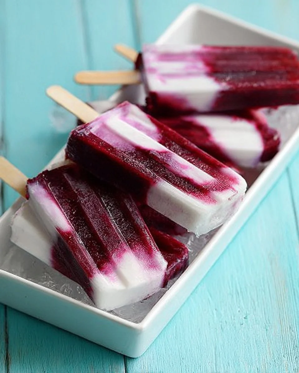 Delicious blackberry lime cheesecake popsicles on a wooden plate