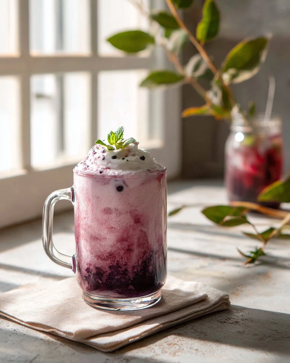 Delicious Blackberry Sage Cold Foam Cold Brew served in a clear glass with foam