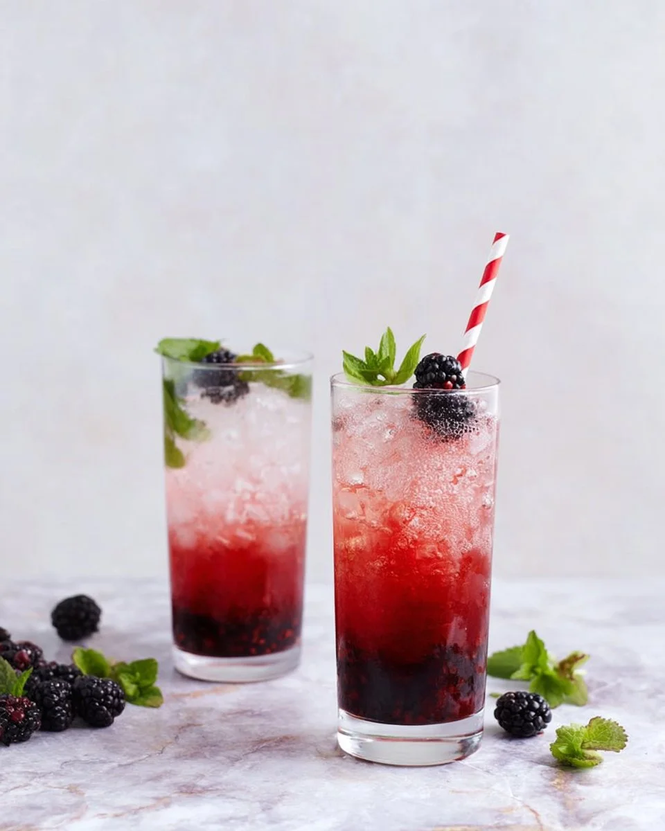 Glass of Blackberry Sage Iced Tea garnished with fresh blackberries and sage leaves