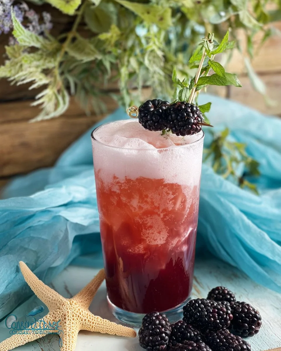 A refreshing glass of Blackberry Sage Iced Tea garnished with fresh blackberries and sage leaves.