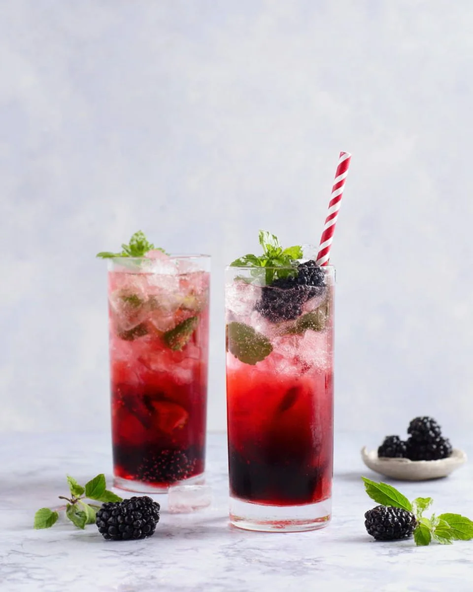 A refreshing glass of Blackberry Sage Iced Tea with blackberries and sage leaves.
