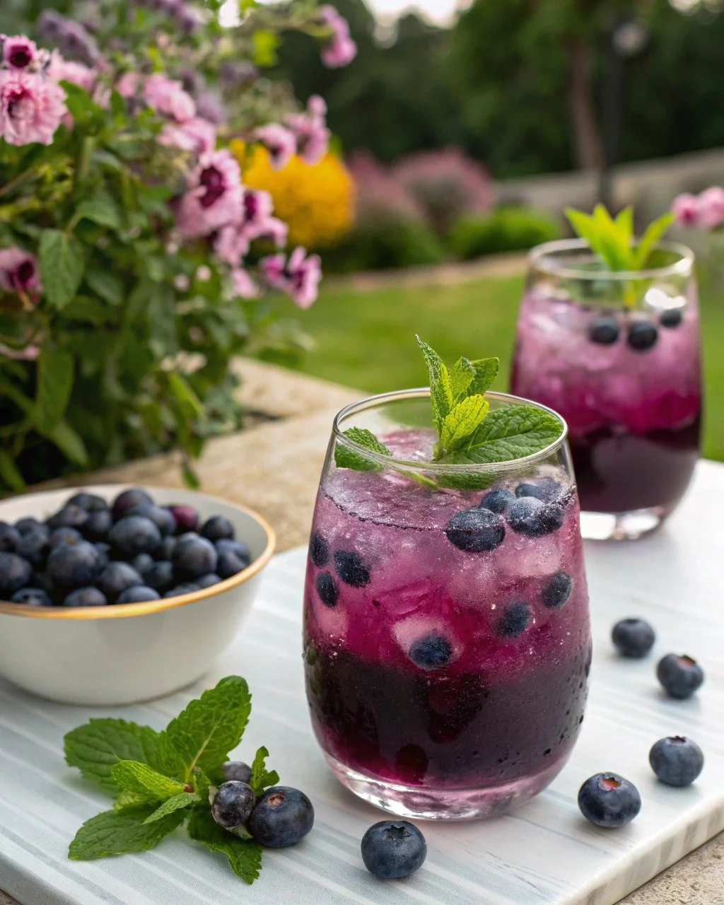 A refreshing Blueberry Mint Shrub Fizz cocktail garnished with fresh mint leaves.