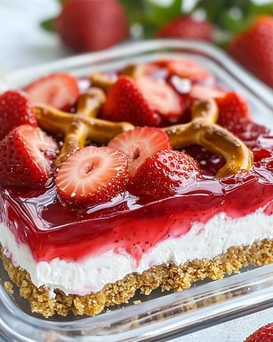 Crunchy, creamy, and sweet! 🍓 Pretzel crust, rich cream cheese filling, and a sweet strawberry jello layer make this Strawberry Pretzel Salad an absolute crowd-pleaser.
