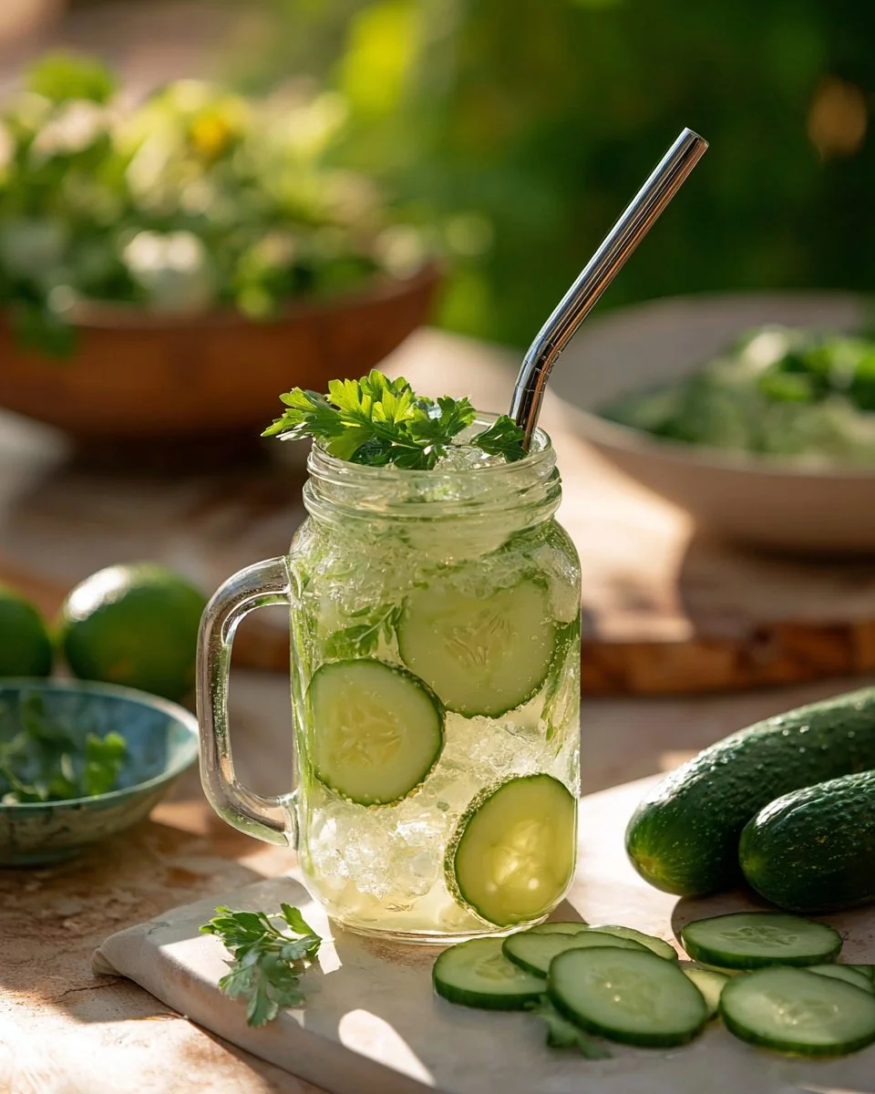 A refreshing Cucumber Jalapeno Cooler drink in a glass, garnished with cucumber slices.