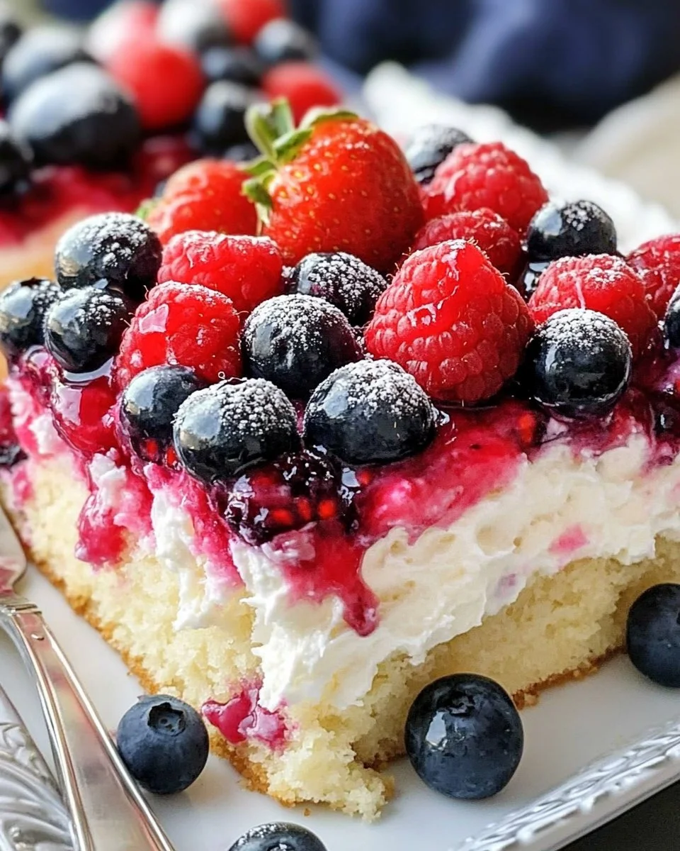 Fresh berries, fluffy cake, and creamy frosting come together in this easy Summer Berry Sheet Cake.