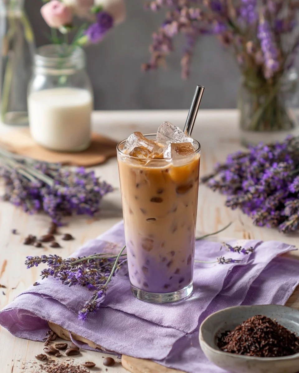 Iced Lavender Vanilla Bean Latte with floral and creamy flavors